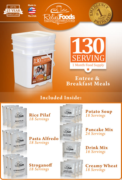 Relief Foods - Essential Entree & Breakfast Bucket - 130 Servings